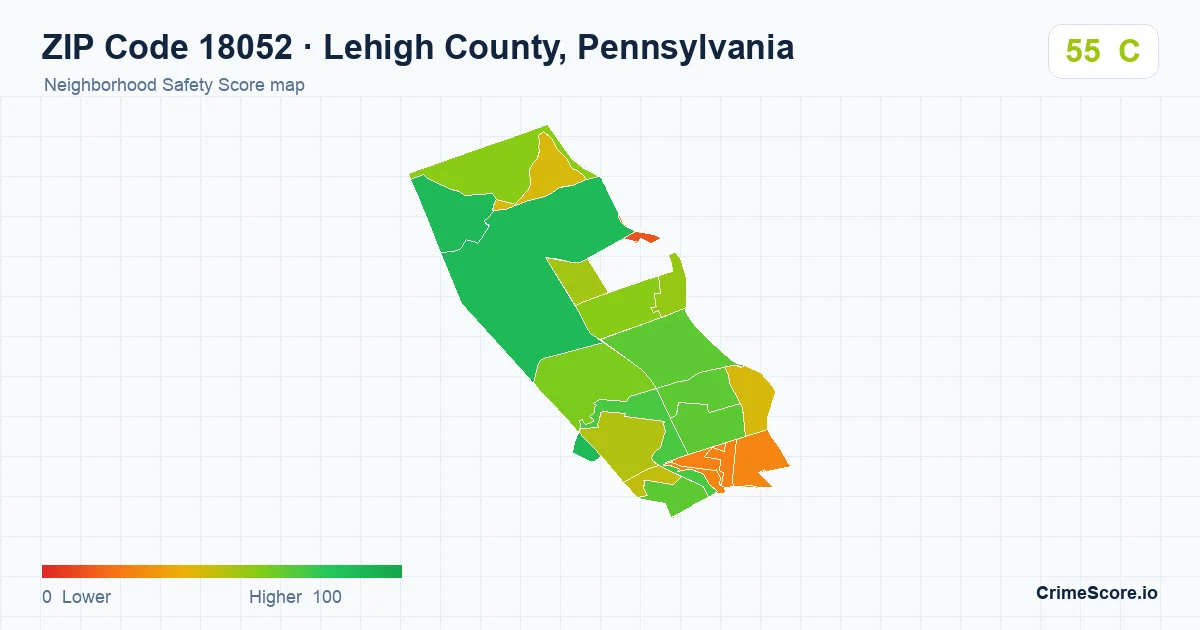 ZIP Code 18052 in Lehigh County, Pennsylvania neighborhood Safety Score map