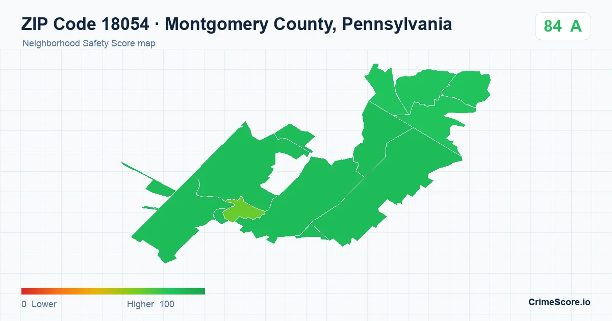 ZIP Code 18054 in Montgomery County, Pennsylvania neighborhood Safety Score map