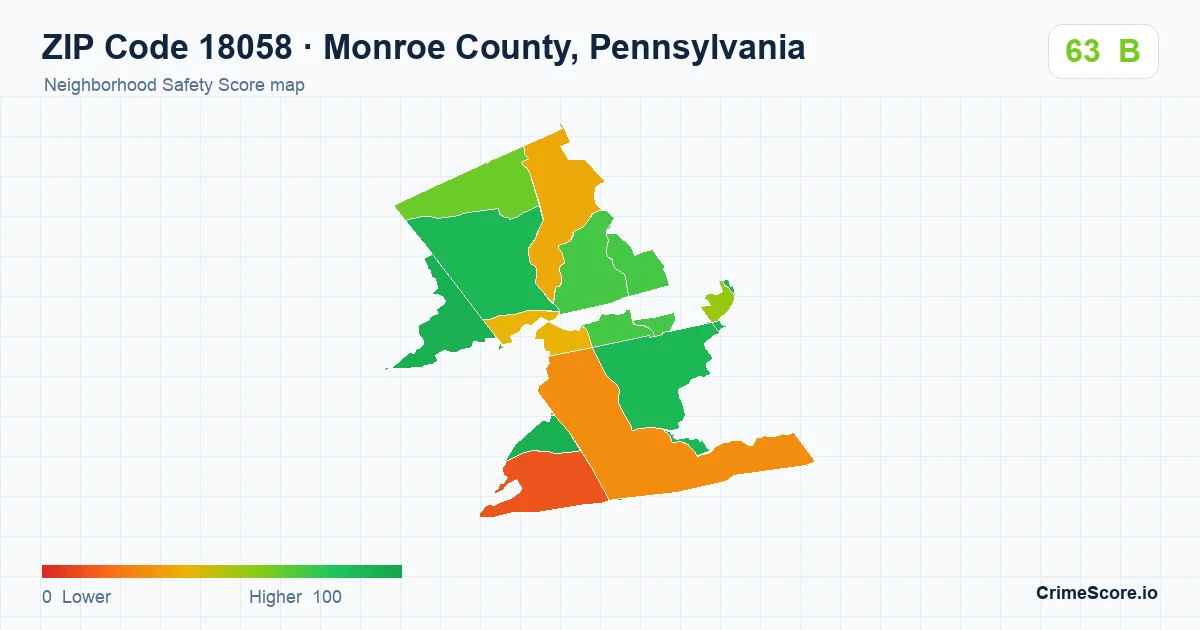 ZIP Code 18058 in Monroe County, Pennsylvania neighborhood Safety Score map
