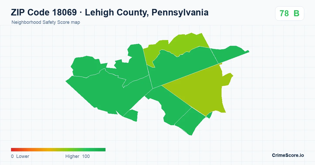 ZIP Code 18069 in Lehigh County, Pennsylvania neighborhood Safety Score map