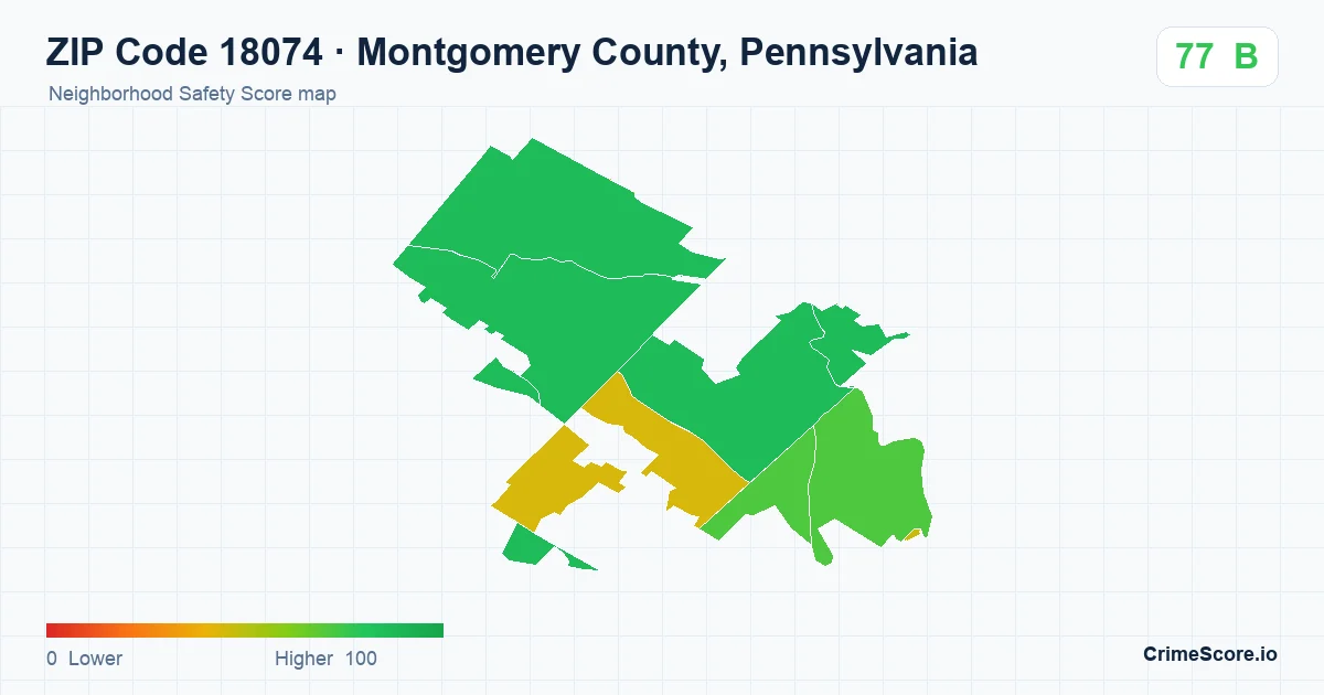 ZIP Code 18074 in Montgomery County, Pennsylvania neighborhood Safety Score map