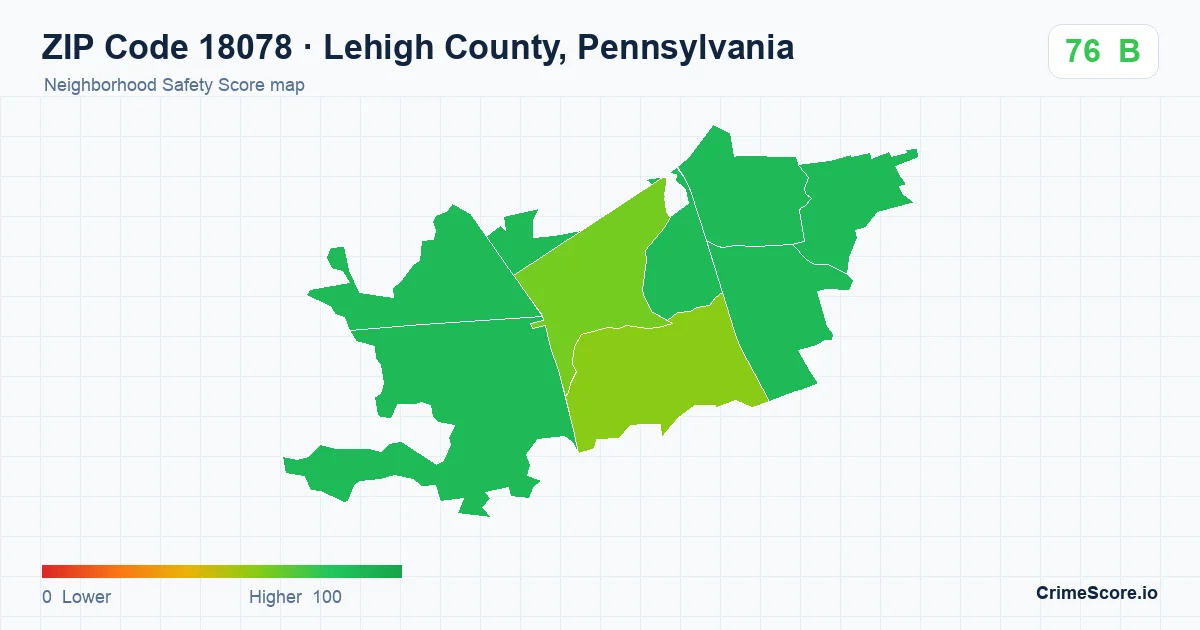ZIP Code 18078 in Lehigh County, Pennsylvania neighborhood Safety Score map