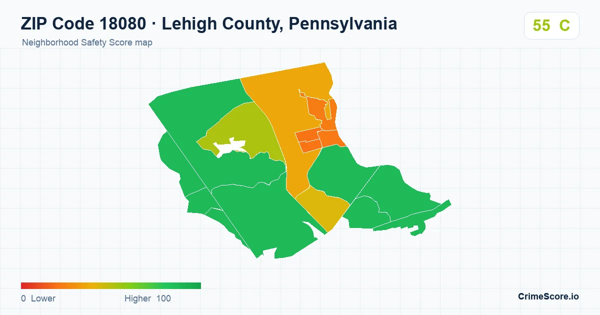 ZIP Code 18080 in Lehigh County, Pennsylvania neighborhood Safety Score map