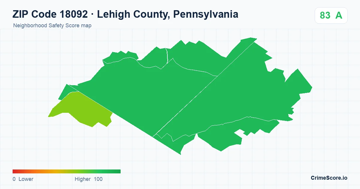 ZIP Code 18092 in Lehigh County, Pennsylvania neighborhood Safety Score map