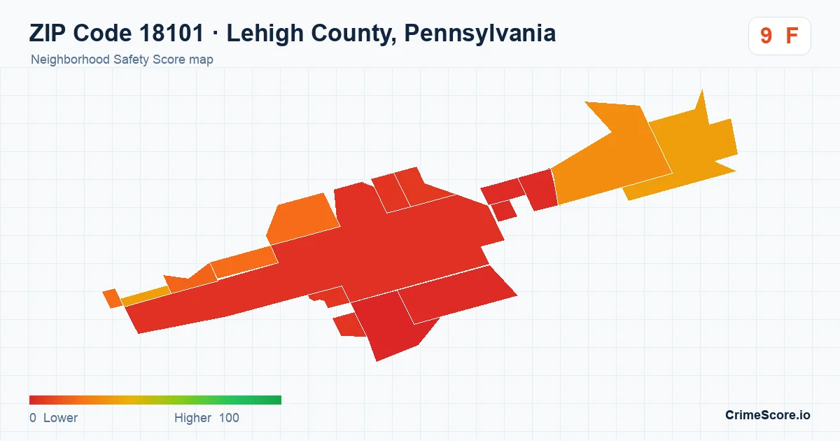 ZIP Code 18101 in Lehigh County, Pennsylvania neighborhood Safety Score map