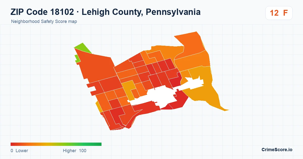 ZIP Code 18102 in Lehigh County, Pennsylvania neighborhood Safety Score map