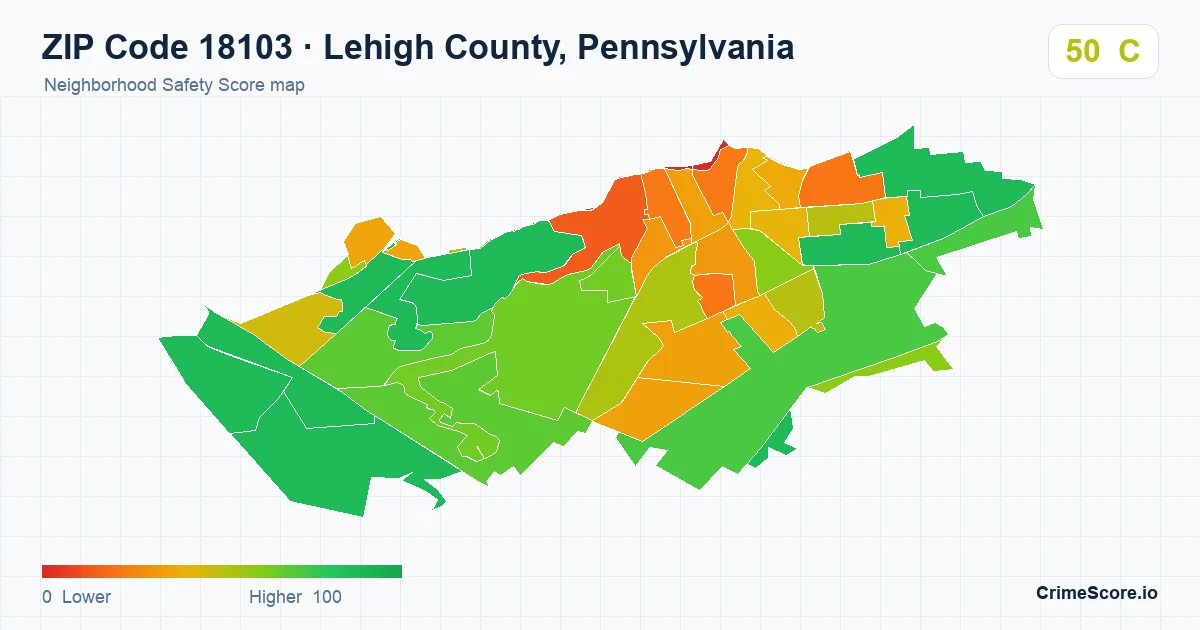 ZIP Code 18103 in Lehigh County, Pennsylvania neighborhood Safety Score map