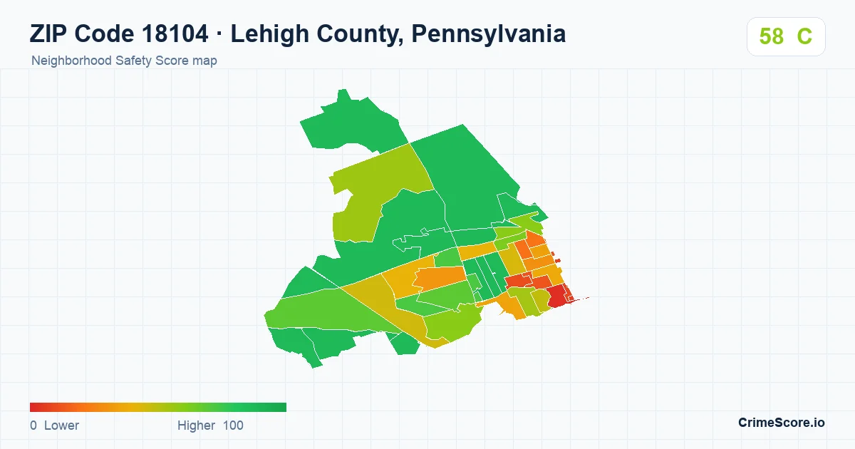 ZIP Code 18104 in Lehigh County, Pennsylvania neighborhood Safety Score map