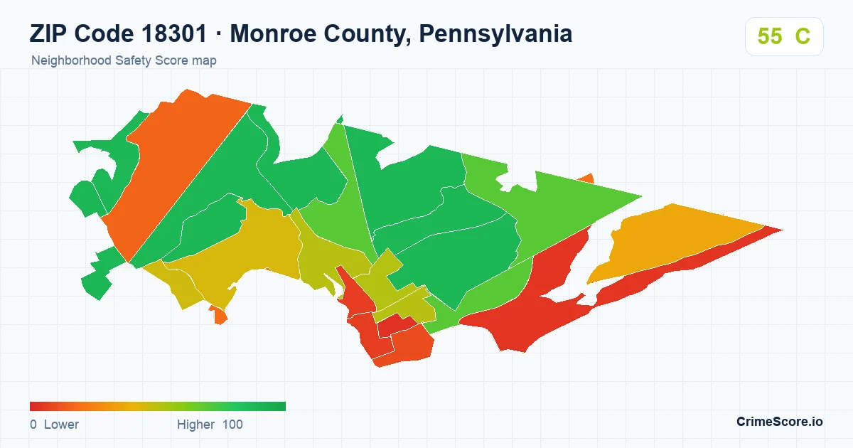 ZIP Code 18301 in Monroe County, Pennsylvania neighborhood Safety Score map