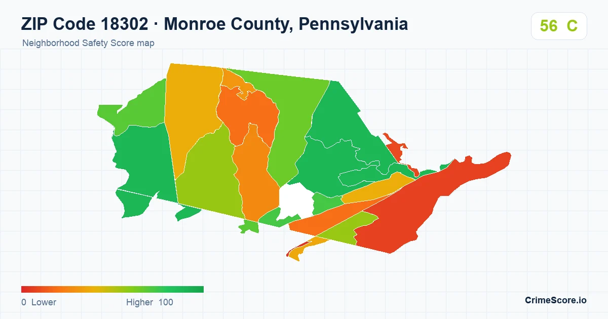 ZIP Code 18302 in Monroe County, Pennsylvania neighborhood Safety Score map