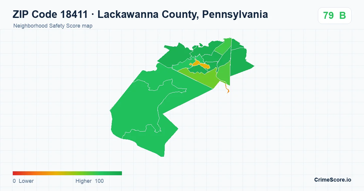 ZIP Code 18411 in Lackawanna County, Pennsylvania neighborhood Safety Score map