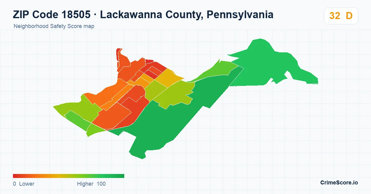 ZIP Code 18505 in Lackawanna County, Pennsylvania neighborhood Safety Score map