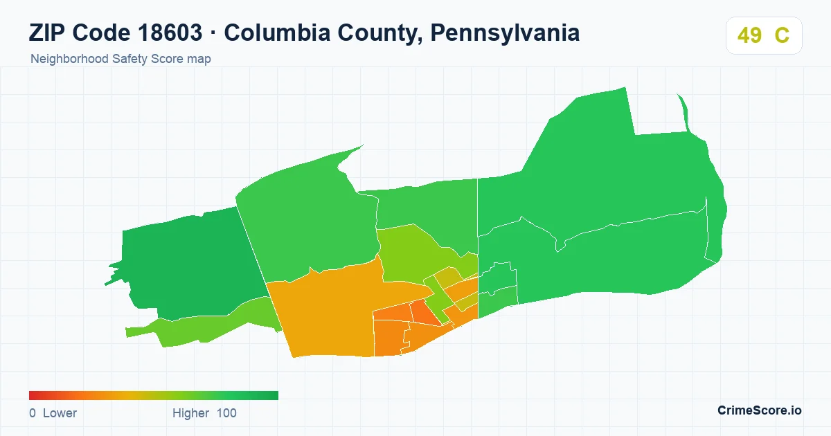 ZIP Code 18603 in Columbia County, Pennsylvania neighborhood Safety Score map