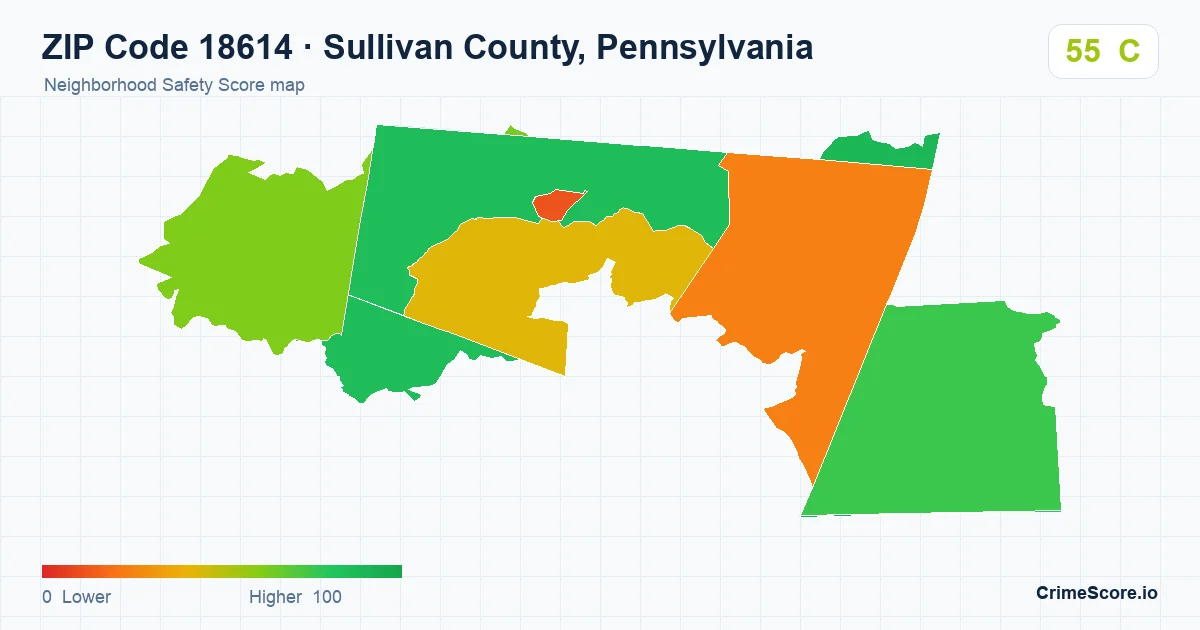 ZIP Code 18614 in Sullivan County, Pennsylvania neighborhood Safety Score map