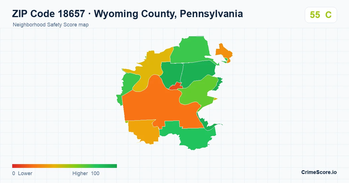 ZIP Code 18657 in Wyoming County, Pennsylvania neighborhood Safety Score map