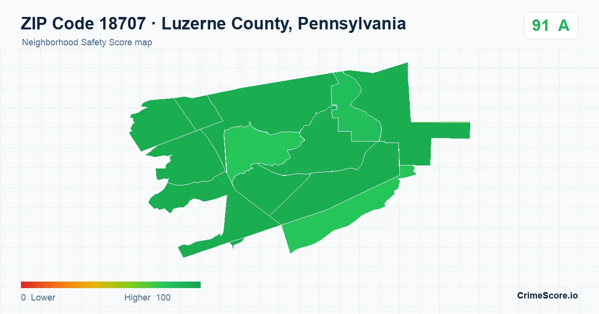 ZIP Code 18707 in Luzerne County, Pennsylvania neighborhood Safety Score map
