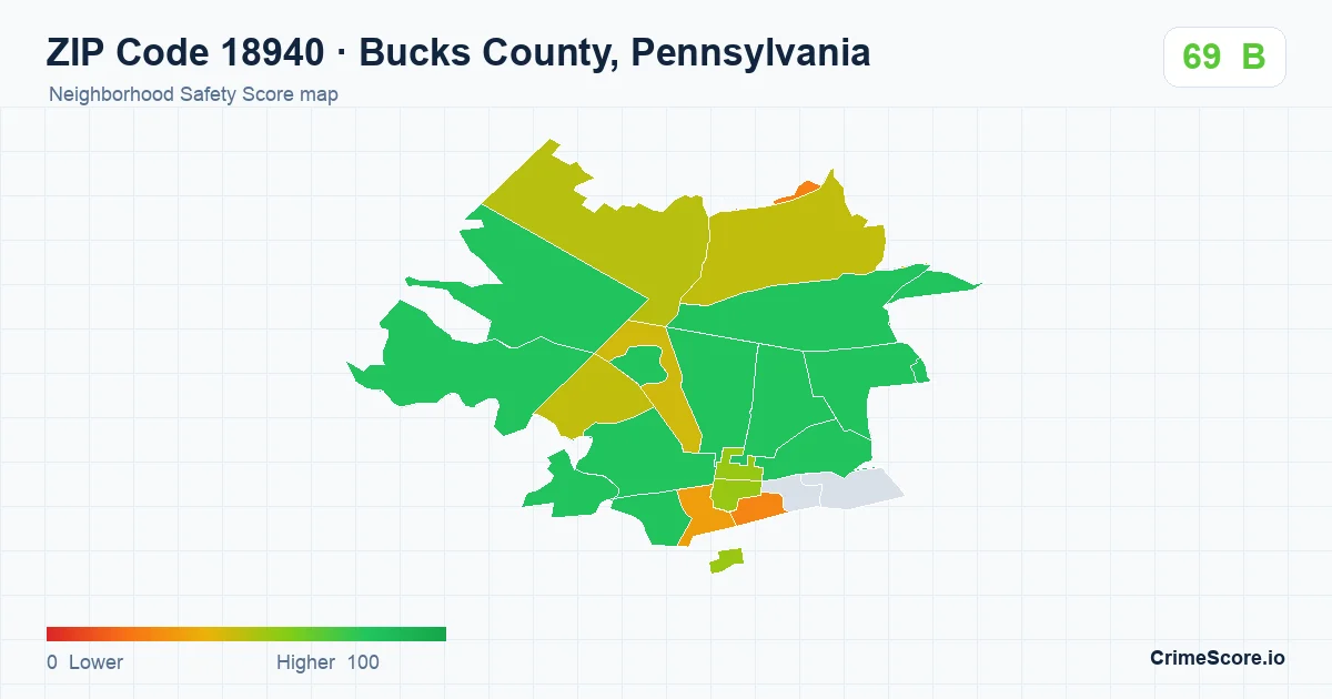 ZIP Code 18940 in Bucks County, Pennsylvania neighborhood Safety Score map