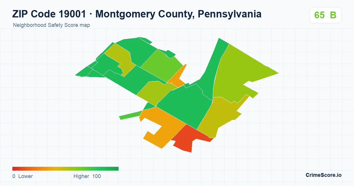 ZIP Code 19001 in Montgomery County, Pennsylvania neighborhood Safety Score map