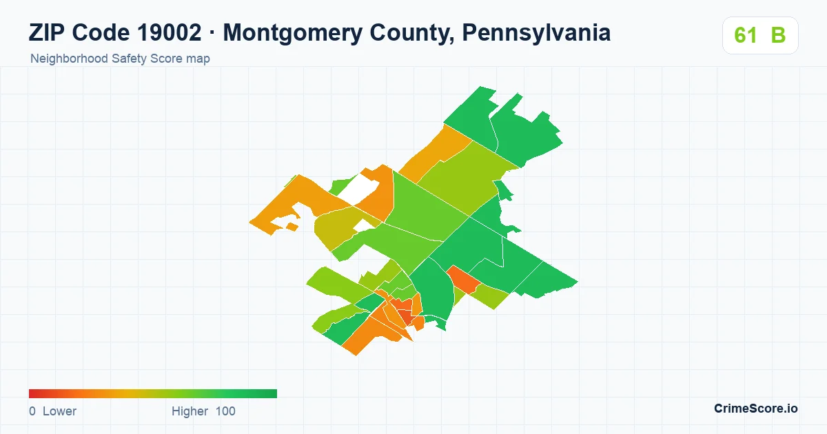 ZIP Code 19002 in Montgomery County, Pennsylvania neighborhood Safety Score map