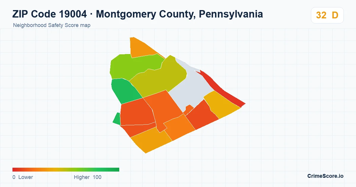 ZIP Code 19004 in Montgomery County, Pennsylvania neighborhood Safety Score map