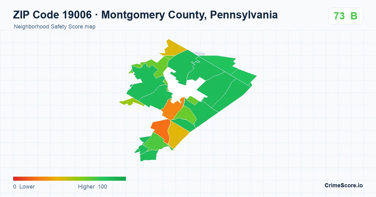 ZIP Code 19006 in Montgomery County, Pennsylvania neighborhood Safety Score map