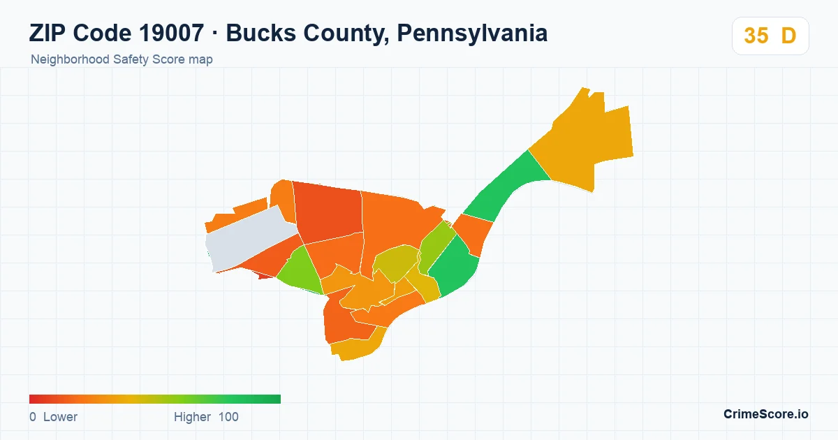 ZIP Code 19007 in Bucks County, Pennsylvania neighborhood Safety Score map