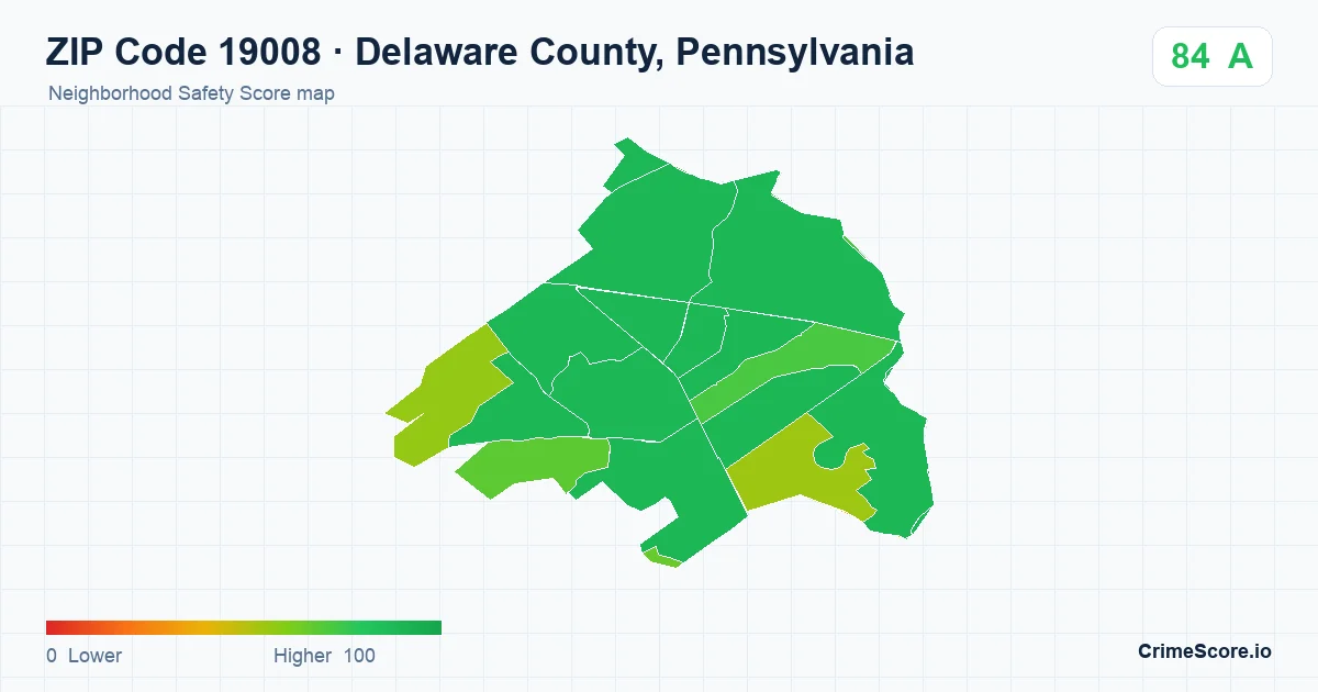 ZIP Code 19008 in Delaware County, Pennsylvania neighborhood Safety Score map