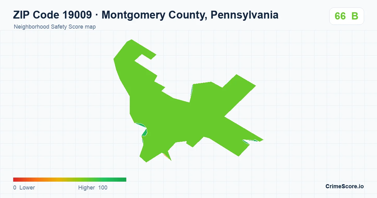 ZIP Code 19009 in Montgomery County, Pennsylvania neighborhood Safety Score map
