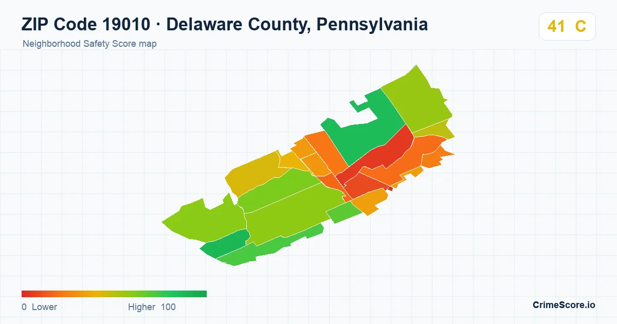 ZIP Code 19010 in Delaware County, Pennsylvania neighborhood Safety Score map