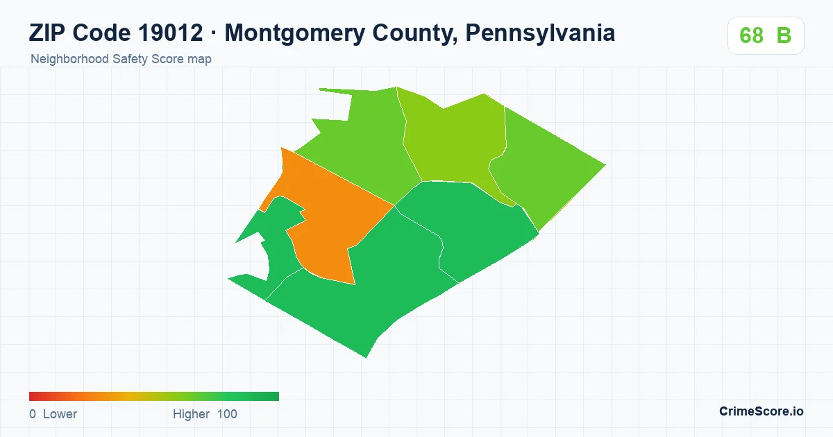 ZIP Code 19012 in Montgomery County, Pennsylvania neighborhood Safety Score map