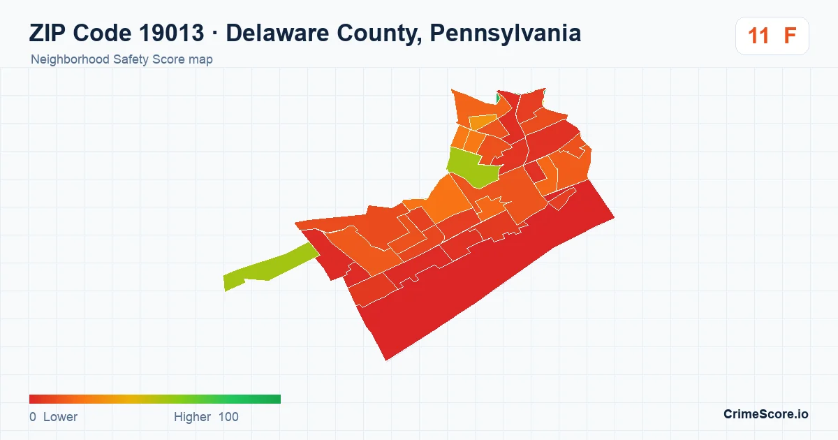 ZIP Code 19013 in Delaware County, Pennsylvania neighborhood Safety Score map