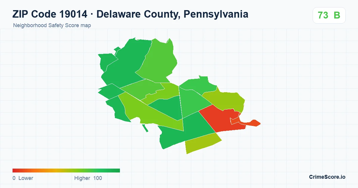 ZIP Code 19014 in Delaware County, Pennsylvania neighborhood Safety Score map