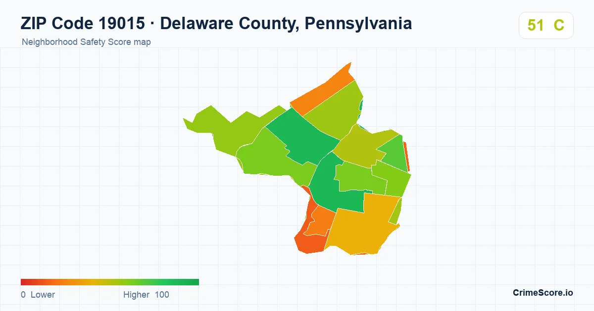 ZIP Code 19015 in Delaware County, Pennsylvania neighborhood Safety Score map