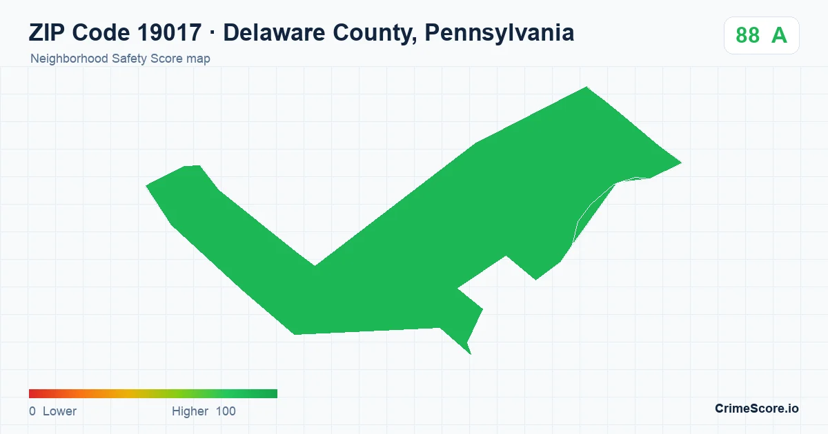 ZIP Code 19017 in Delaware County, Pennsylvania neighborhood Safety Score map