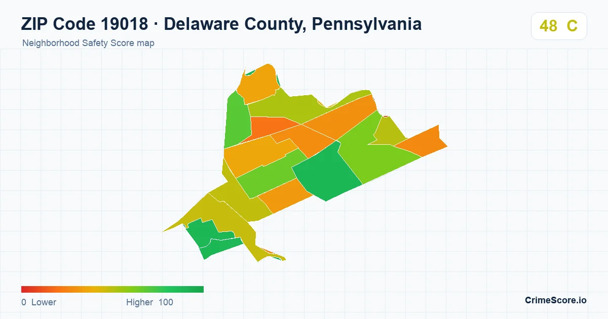 ZIP Code 19018 in Delaware County, Pennsylvania neighborhood Safety Score map