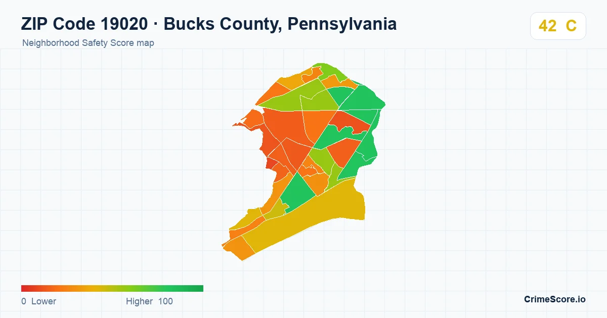 ZIP Code 19020 in Bucks County, Pennsylvania neighborhood Safety Score map