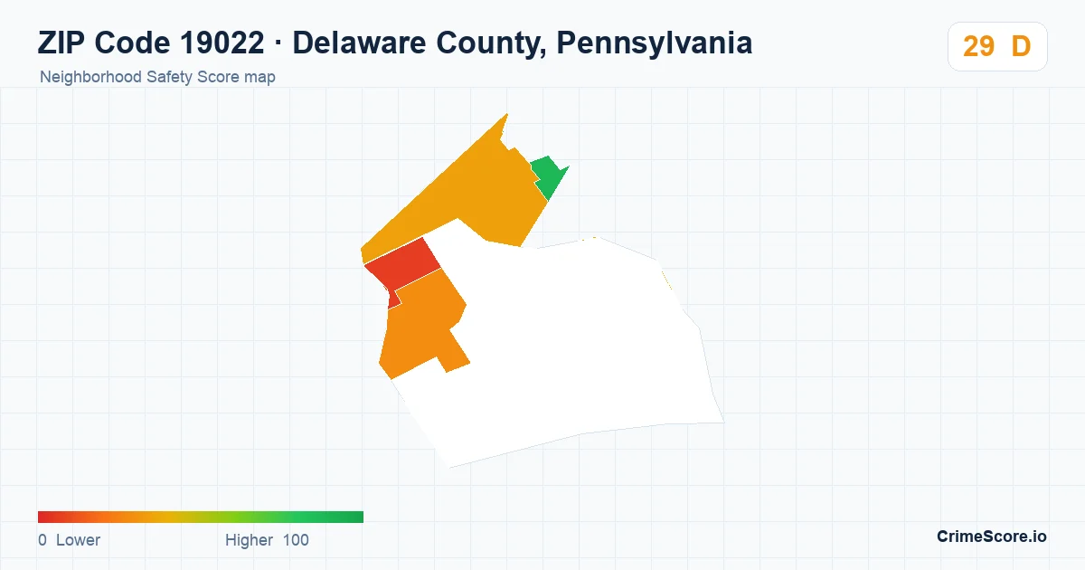 ZIP Code 19022 in Delaware County, Pennsylvania neighborhood Safety Score map