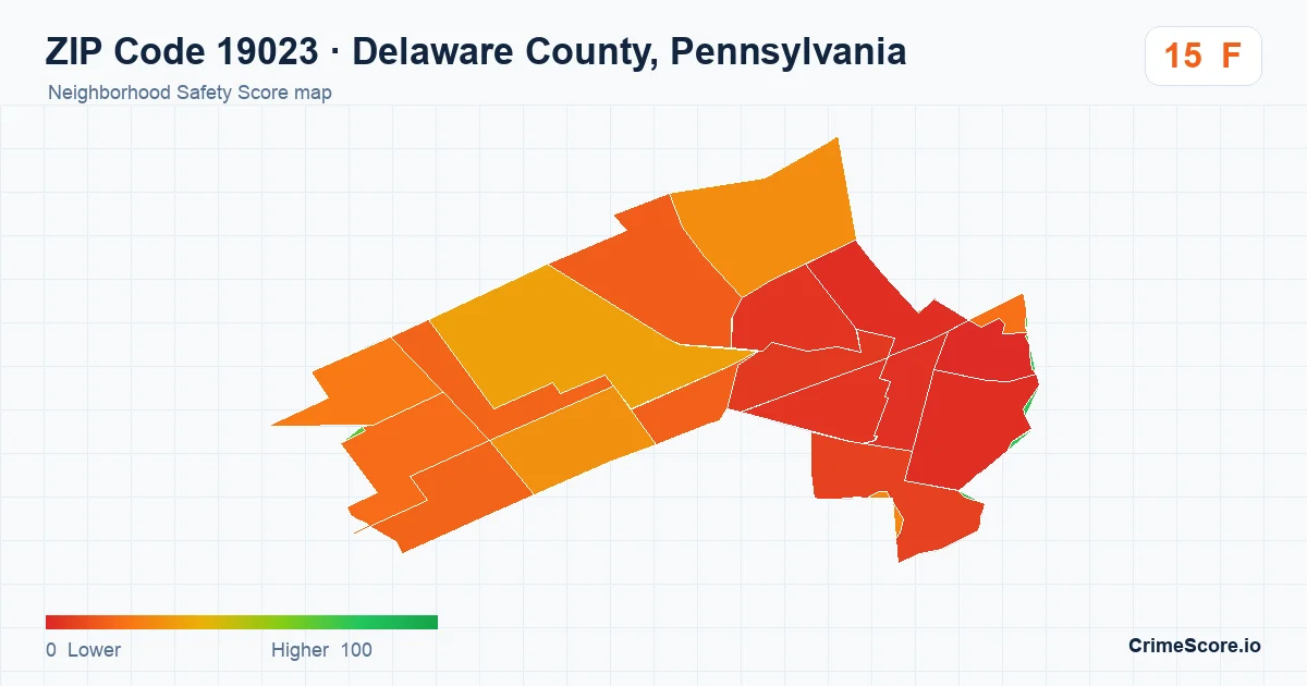 ZIP Code 19023 in Delaware County, Pennsylvania neighborhood Safety Score map