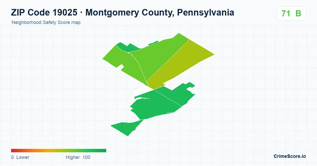 ZIP Code 19025 in Montgomery County, Pennsylvania neighborhood Safety Score map
