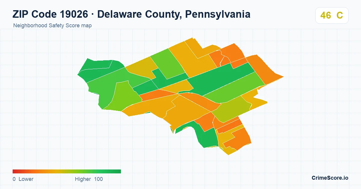 ZIP Code 19026 in Delaware County, Pennsylvania neighborhood Safety Score map