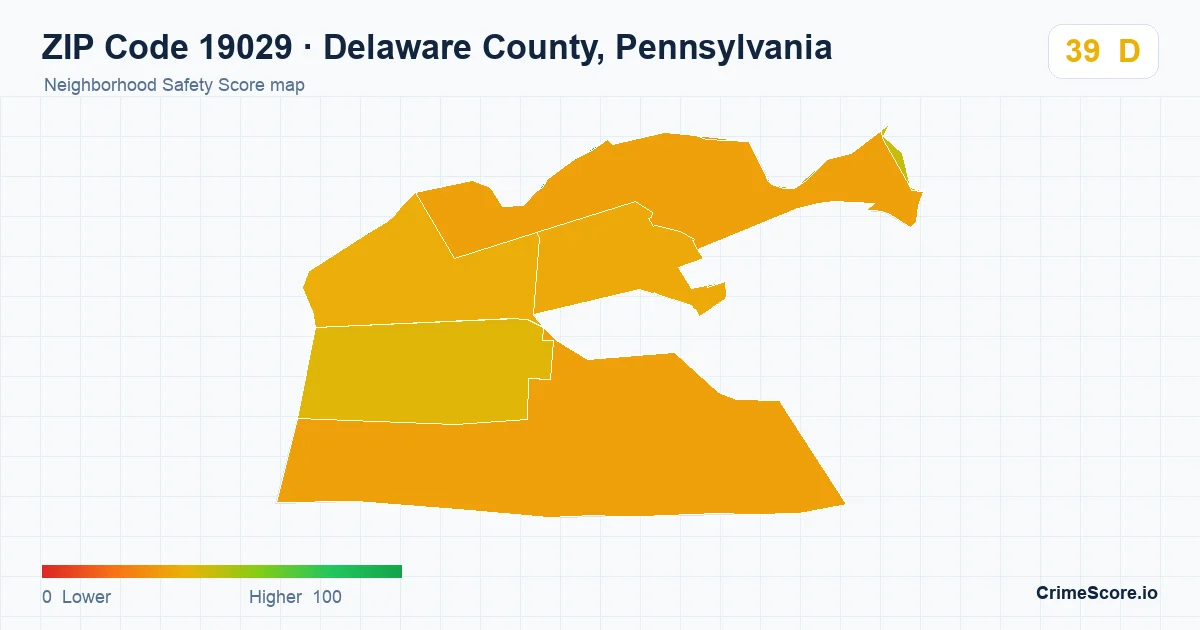 ZIP Code 19029 in Delaware County, Pennsylvania neighborhood Safety Score map