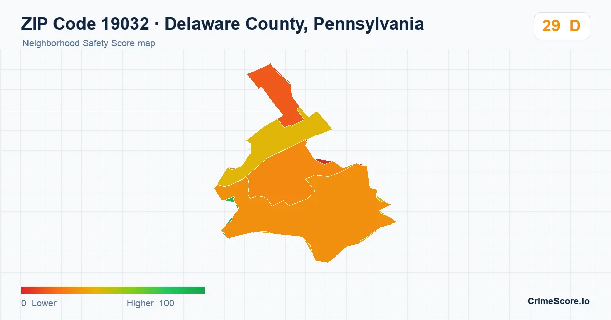 ZIP Code 19032 in Delaware County, Pennsylvania neighborhood Safety Score map