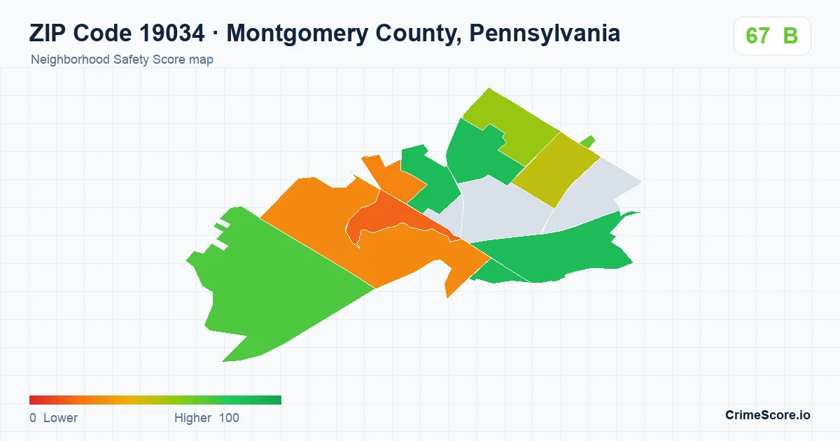 ZIP Code 19034 in Montgomery County, Pennsylvania neighborhood Safety Score map