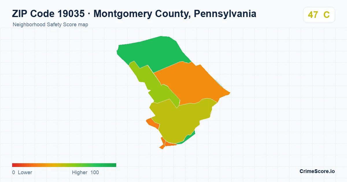 ZIP Code 19035 in Montgomery County, Pennsylvania neighborhood Safety Score map