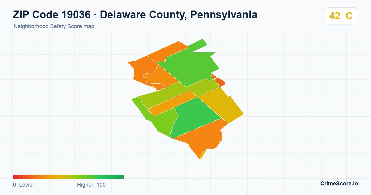 ZIP Code 19036 in Delaware County, Pennsylvania neighborhood Safety Score map