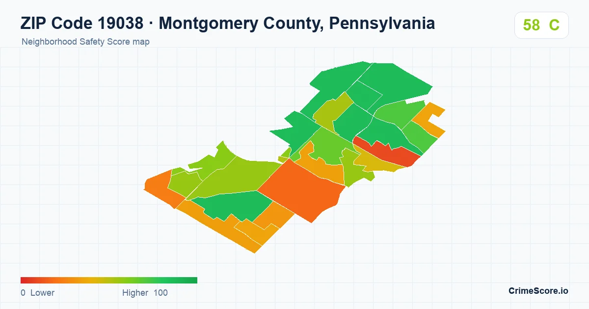 ZIP Code 19038 in Montgomery County, Pennsylvania neighborhood Safety Score map