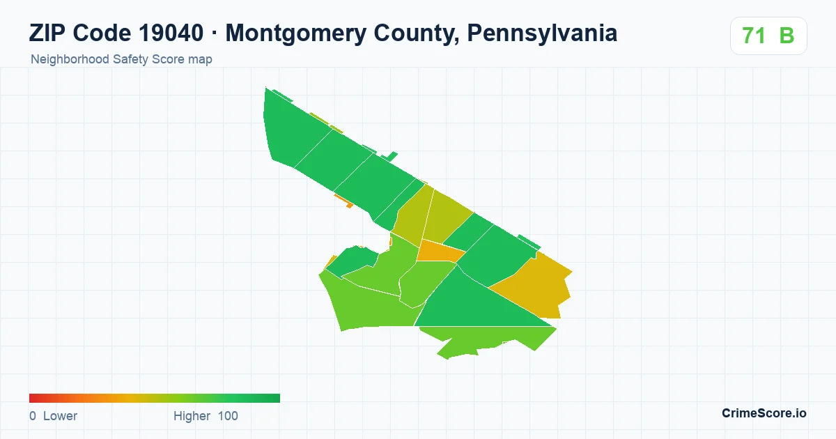 ZIP Code 19040 in Montgomery County, Pennsylvania neighborhood Safety Score map