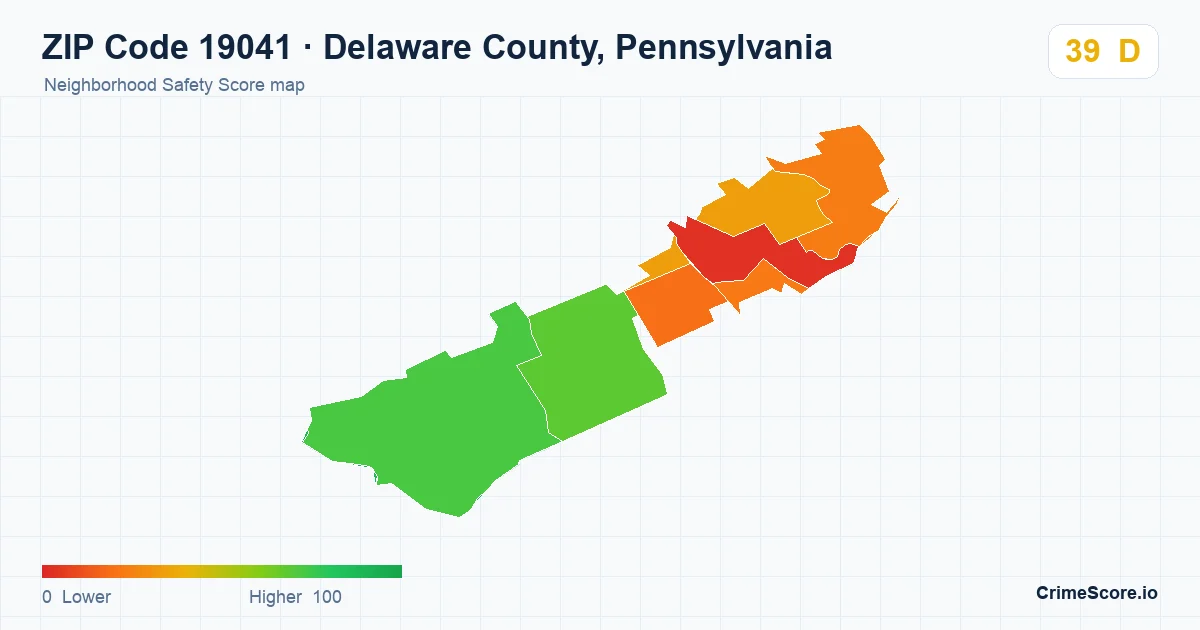 ZIP Code 19041 in Delaware County, Pennsylvania neighborhood Safety Score map
