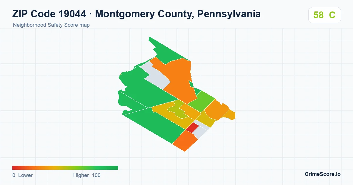 ZIP Code 19044 in Montgomery County, Pennsylvania neighborhood Safety Score map
