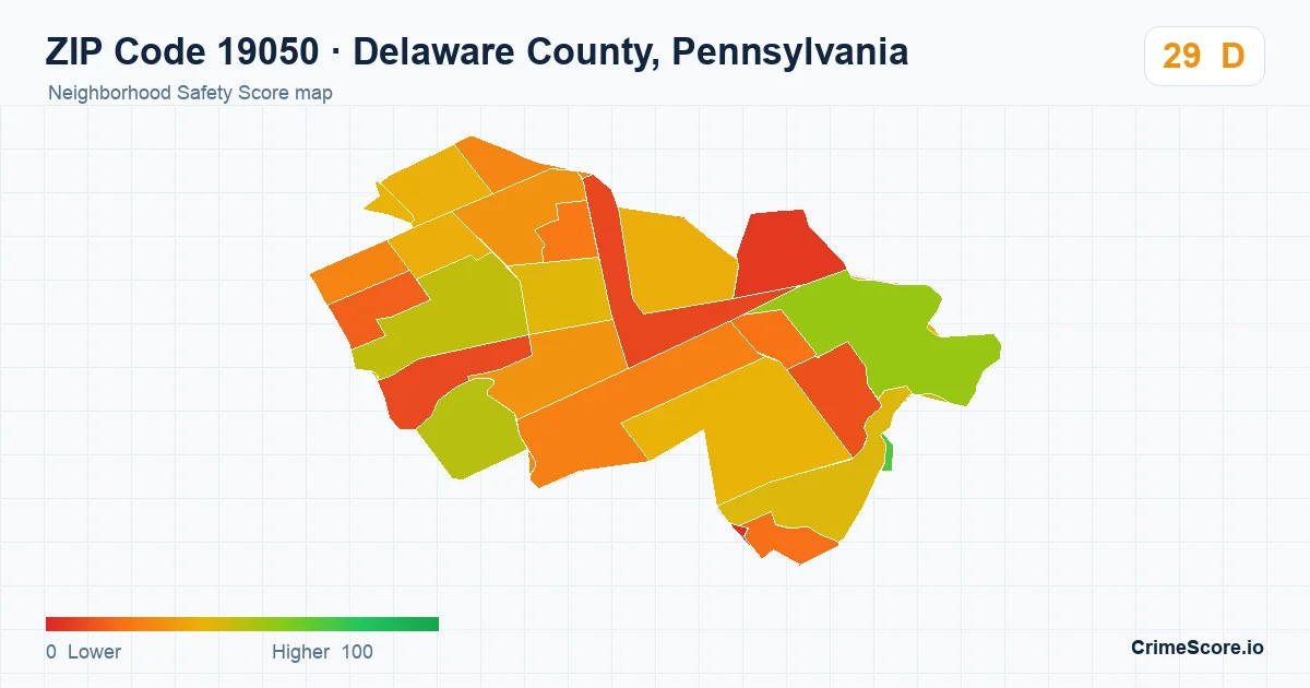 ZIP Code 19050 in Delaware County, Pennsylvania neighborhood Safety Score map